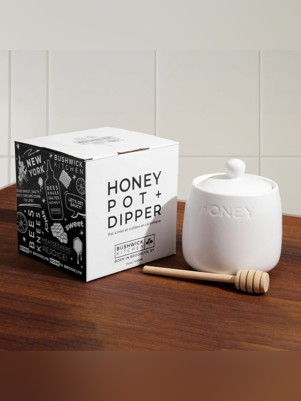 White Ceramic Honey Pot with Dipper bushwick kitchen NIB